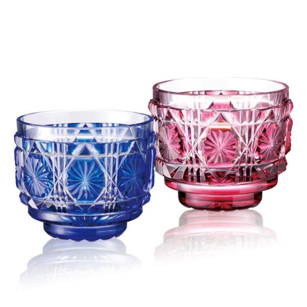 伝匠 薩摩切子 猪口 八角籠目 瑠璃 金赤 ペア セット 薩摩