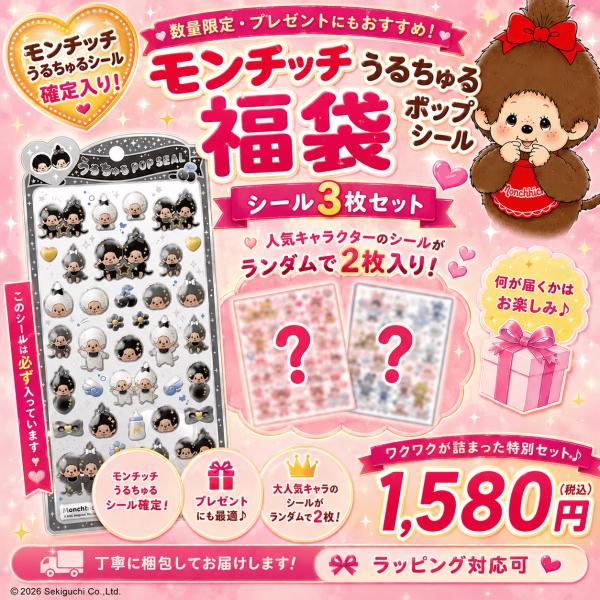 【数量限定】モンチッチ(モノトーン) うるちゅるポップシール確定入り シール福袋 3枚セット キャラクターシール 福袋 かわいい デコシール プレゼント ギフト