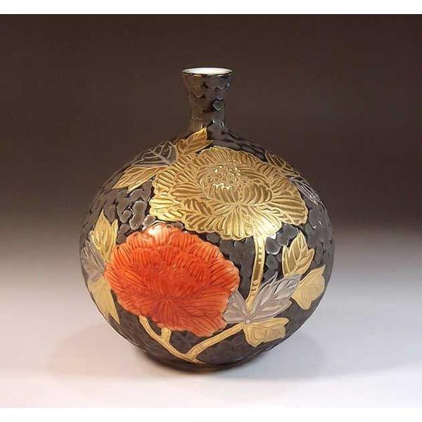 有田焼 美術 工芸品 鉄釉金彩 プラチナ彩牡丹絵飾り花瓶 陶芸作家 藤井錦彩 作 陶芸 8ouyyy 有田焼 藤井錦彩窯