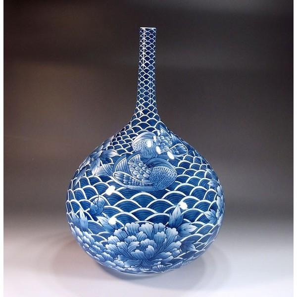 有田焼 染付青海波牡丹鴛鴦絵鶴首花瓶｜陶芸作家 藤井錦彩 作 : 有田焼