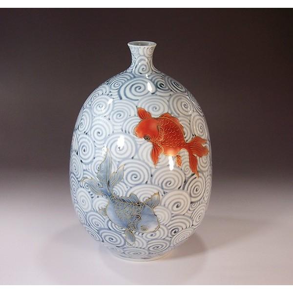 21最新作 の有田焼染錦金彩金魚絵花瓶 陶芸作家藤井錦彩作 国内発送日本製 の