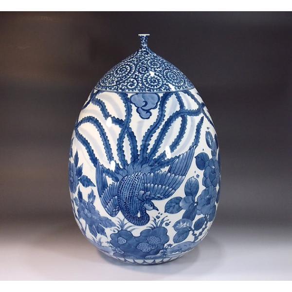 染付蛸唐草割椿牡丹鳳凰絵花瓶｜有田焼 陶芸作家 藤井錦彩作 : 有田焼