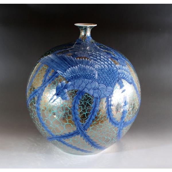 二人の陶芸作家作　花器 プラチナ彩鳳凰絵花瓶｜有田焼 陶芸作家 藤井錦彩作 : 有田焼