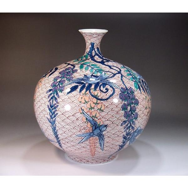 色鍋島様式波文様藤燕絵花瓶｜有田焼 陶芸作家 藤井錦彩作 : 有田焼