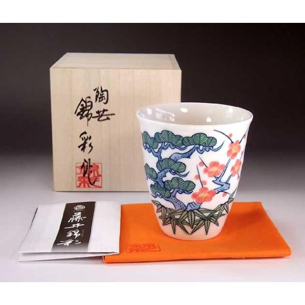 吉祥文様 色鍋島松竹梅絵焼酎カップ｜有田焼 陶芸家　藤井錦彩作