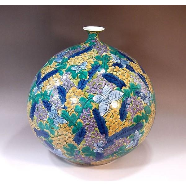 有田焼　藤井錦彩　伝統工芸作家　染錦花絵　花瓶　花入り 有田焼 染錦菜の花蝶絵花瓶｜陶芸作家 藤井錦彩 作 : 有田焼 藤井錦彩