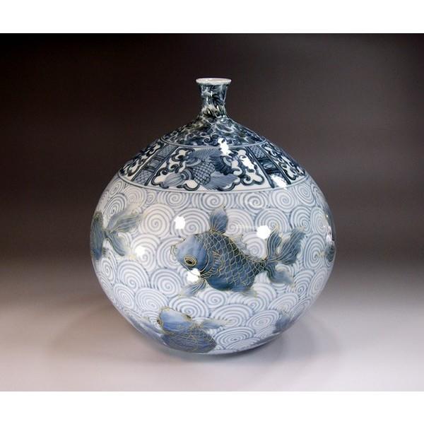 古染付金彩金魚絵花瓶 陶芸作家藤井錦彩 Uwerd 有田焼花 ガーデニング花瓶 花台有田焼作古染付金彩金魚絵花瓶 陶芸作家藤井錦彩藤井錦彩窯