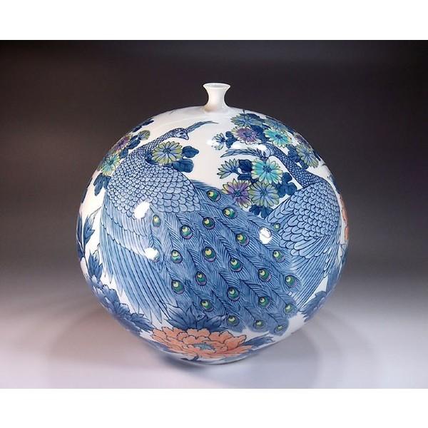 有田焼 色鍋島様式孔雀牡丹菊絵花瓶｜陶芸作家 藤井錦彩 作 : 有田焼