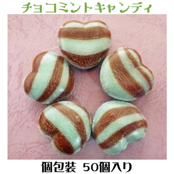 ハートチョコミントキャンディ　50個入り個別包装の飴です。※十分に注意しておりますが、袋詰めの際や商品運送時にどうしても欠けたり割れたりすることがございます。必ず50個より少し多めに入れさせていただいておりますので、ご理解の程よろしくお願い...