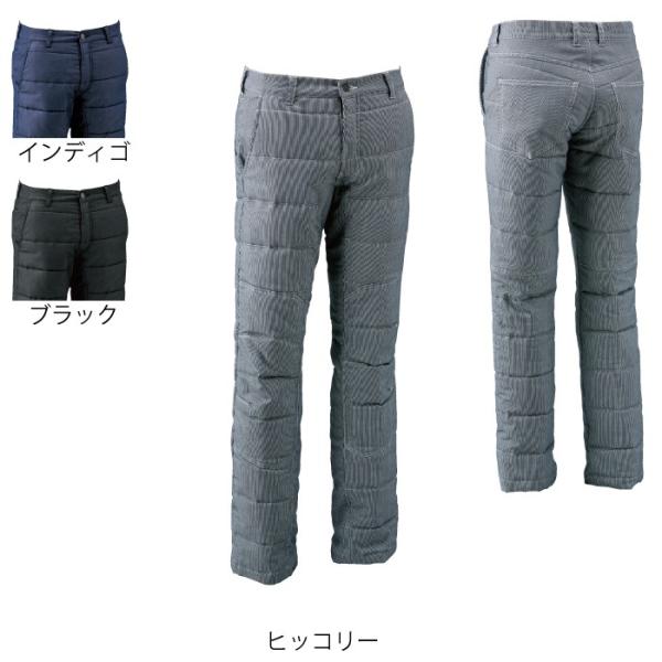 藤和 TS DESIGN 846242 ストレッチ中綿キルティングパンツ ヒッコリー：ストレッチヒッコリー、ポリエステル57％・綿41％・ポリウレタン2％／インディゴ、ブラック：ストレッチデニム、綿75％・ポリエステル23％・ポリウレタン2％ 中綿、裏地、フリース：ポリエステル100％ ストレッチ ウエストストレッチ 保温性 製品洗い