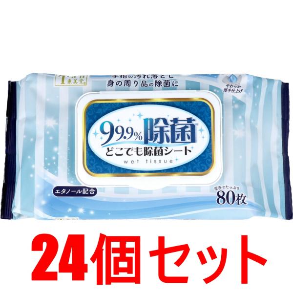 24個セット（１ケース）の販売です。手指の汚れ落とし・身の周り品の除菌に！エタノール配合！やわらか厚手仕上げ。●1枚ずつ簡単に取り出せる設計です。●おでかけ時やアウトドアにも活躍します。●厚手でたっぷり80枚で扱いやすい。●使い切りタイプ。