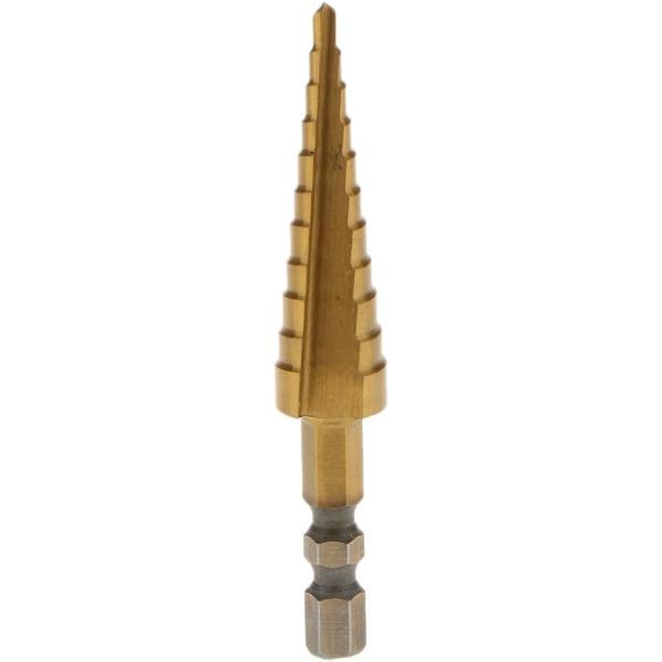 本商品は3-13mmです本社のステップドリルは超高硬度高速度鋼を採用し、表面がチタンコーティング処理され、普通の鋼製のステップドリルより硬度が高く、切れ味も抜群です。 ステップドリルは小さな穴から、大きな穴まで順に穴を広げていくため、複数サ...