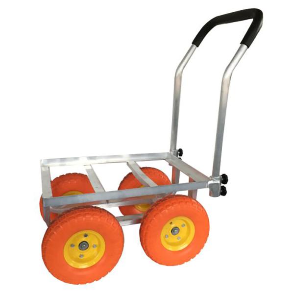 コンテナ1個積みのアルミカート！商品特徴●安心して作業が出来るノーパンクタイヤ仕様●アルミフレームで軽くてさびにくい●車輪径：10インチ●積載荷重：80kg