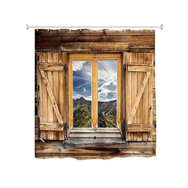 ランキング総合1位 シャワーカーテン バスカーテン 防水 防カビ 間仕切り 目隠し 山の風景木製扉 田舎風 3d カーテンリング付属 風景 おしゃれ