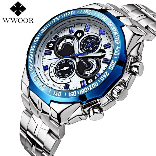 スタート 腕時計 百貨店 メンズ Wwoor 海外ブランド 高級 8013 ビッグフェイス ブルー 防水 クオーツ フルスチール スポーツ