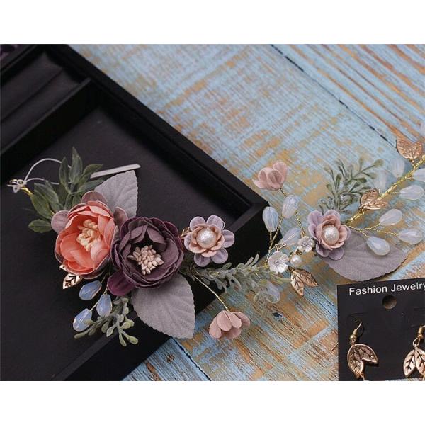 バロックノーブル紫の花のヘア装飾 イヤリングセット 結婚式 パーティー 正装 和装 着物 ヘアドレスアクセサリー 和 モダン