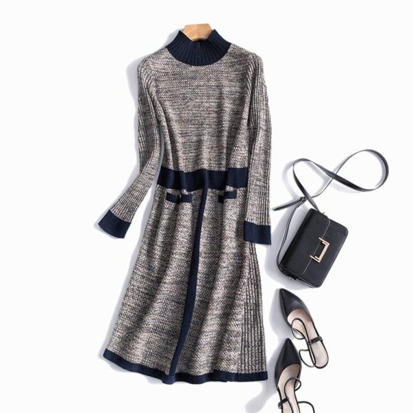 ゴールドシルクウールワンピース New売り切れる前に トックリセーター 膝丈スカート ウールスカート長袖高級感 ロングワンピース