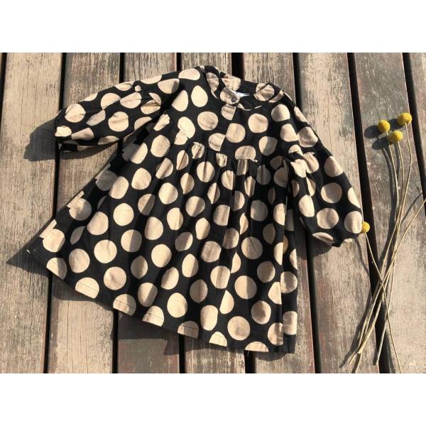 大きい水玉ワンピース 黒xカフェオレ 長袖 カワ イイ 海外