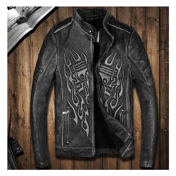 新品 一部予約 ライダースジャケット 本革スカルメンズ秋バイクオートバイレザージャケット立ち襟機関車
