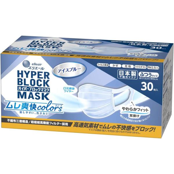 他サイト： エリエール ハイパーブロックマスク ムレ爽快カラーズ アイスブルー ふつうサイズ 30枚の商品画像