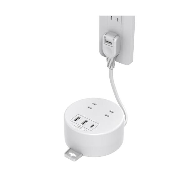 ホワイト/1m/DLE-202Z-C・パッケージ個数:1・1台5役・延長コード2つAC差込口と1つのUSB-Cポート、2つのUSB-Aポートがある電源タップです。延長コードがあって、便利です。・スッキリ収納・携帯に便利時計回りに回転させるだ...