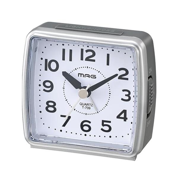 小時郎シルバー/小型/T-709 SM・Style:小時郎・パッケージ個数:1・本体サイズ:(約)高さ7.2×幅7.6×奥行き4.2cm・本体重量:(約)90g・材質:樹脂・機能:電子音アラーム、スヌーズ機能、ライト、連続秒針・推奨電池:単...