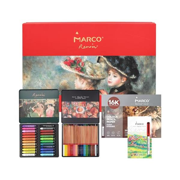 Marco お絵かきセット プロ用 61点、24色オイルパステル、24色の油性