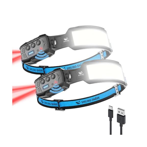 Smiling Shark ヘッドライト LED白&amp;赤ヘッドライト 2個入りUSB充電式 7倍高輝度照明 4000 mAh 長時間使用 人感セン
