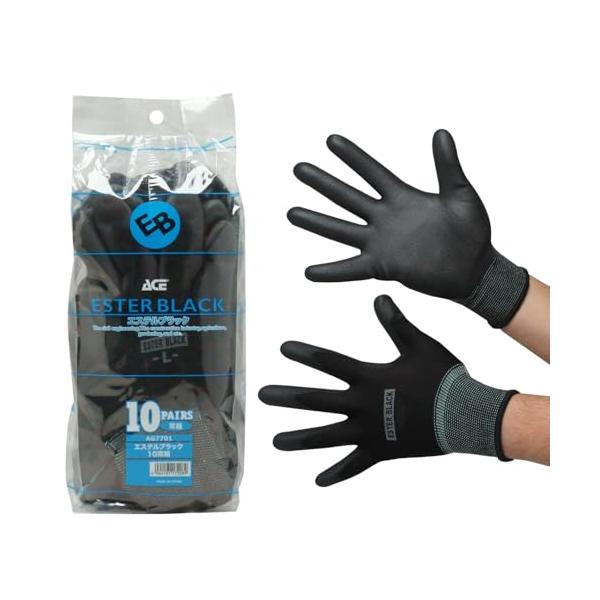 他サイト： [ACE] ウレタン背抜き手袋 黒 10双パック Lサイズ AG7701 エステルブラック 作業手袋の商品画像