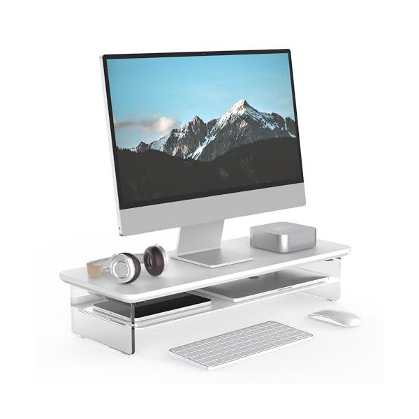 ホワイト/幅60cm/-・Color:ホワイトSize:幅60cm・アクリルの脚・浮いている空間モニタースタンドの脚は、透明なアクリル板を採用しており、解放感があります。さらに、デスクトップに浮いているような感覚を与えます。特に夜にはLED...