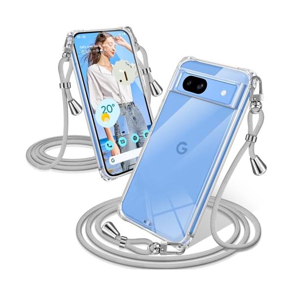 Google Pixel 8a ケース クリア ショルダー 耐衝撃 ピクセル8a カバー スマホケース 透明 織りストラップ付き 肩がけ 首掛け