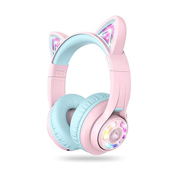 iClever 子供用ヘッドホン Bluetoothヘッドフォン 猫耳LEDライトアップワイヤレスキッズヘッドフォン 音量制限付き（74dB/8