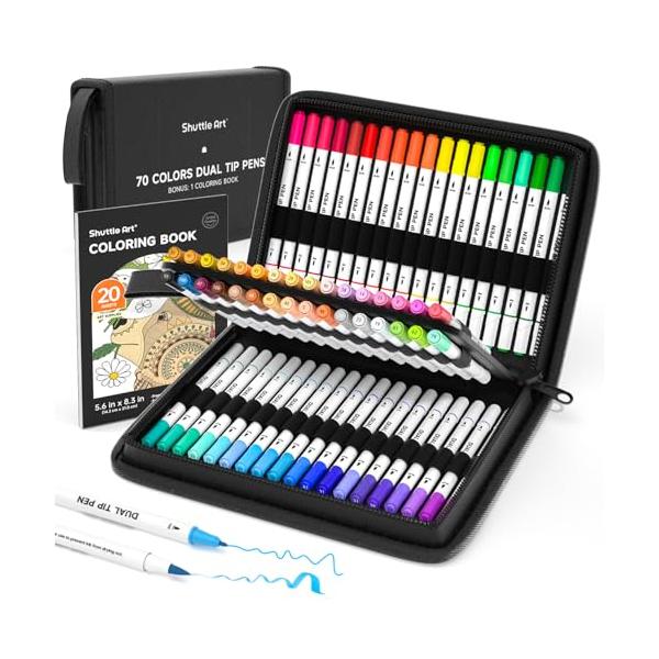 Shuttle Art 筆ペン 水彩毛筆 70色セット 塗り絵1冊付き マーカー 水彩