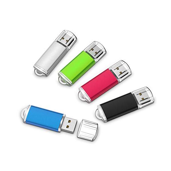 USBメモリ 2GB USB2.0 5個セット フラッシュドライブ キャップ式 コンパクト 5色（黒、赤、青、緑、銀）