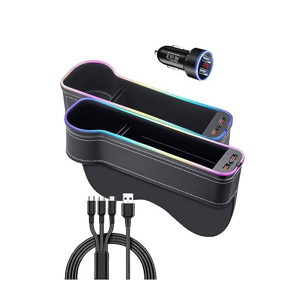LED 車 サイド収納ボックス 光る 7色 シートサイドポケット車内 収納ケース USB充電ポート付き ドリンクホルダー付き 日本語説明書兼書付