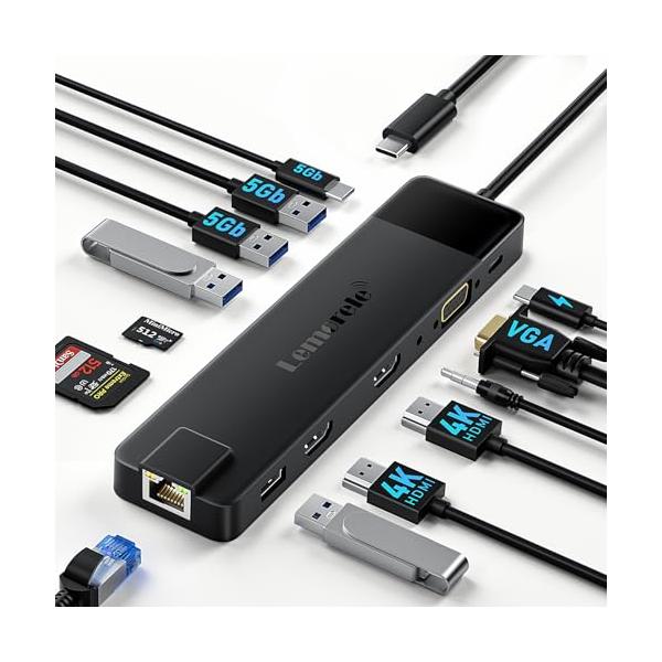ブラック/13-IN-1-LANハブ/TC100・Size:13-IN-1-LANハブ・USB C LANドッキングステーション13-IN-1USB 3.0(5Gbps)＊2+USB 2.0＊2、HDMIポート*2(4K@60Hz)、VGA...