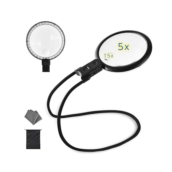ZenCT 拡大鏡 ルーペ 首掛け 倍率5倍&15倍 2種類レンズ USB充電式 直径