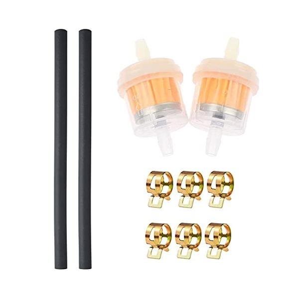 汎用タイプ燃料フィルター*2個、約20cm燃料ホース*２本、ホース内径約4mm、専用ホースクランプ*6個、計10点のセットです。・高品質のゴムホース-耐油、耐熱、耐圧。専用金属クリップは、非常に耐久性と軽量です。・ペーパーろ過タイプフィルタ...