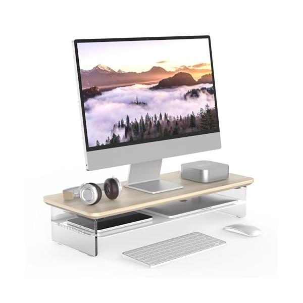 オーク/幅60cm/-・Color:オークSize:幅60cm・アクリルの脚・浮いている空間モニタースタンドの脚は、透明なアクリル板を採用しており、解放感があります。さらに、デスクトップに浮いているような感覚を与えます。特に夜にはLEDライ...