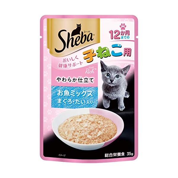 他サイト： シーバ (Sheba) キャットフード リッチ 12か月までの子ねこ用 やわらか仕立て お魚ミックス まぐろ・たい入り 35グラム (x 12)の商品画像