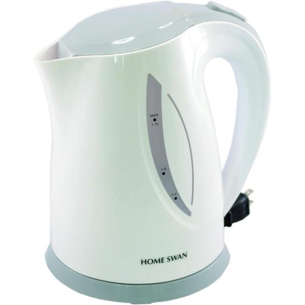 【商品名：新津興器 ホームスワン 電気ケトル 1.7L ホワイト SWK-17】　たっぷり容量の1.7L。通電中は内部が青く光ります。　コードレスで持ち運びに便利です。　　【商品仕様】　サイズ(約):21.5×17×24cm　本体重量(約)...