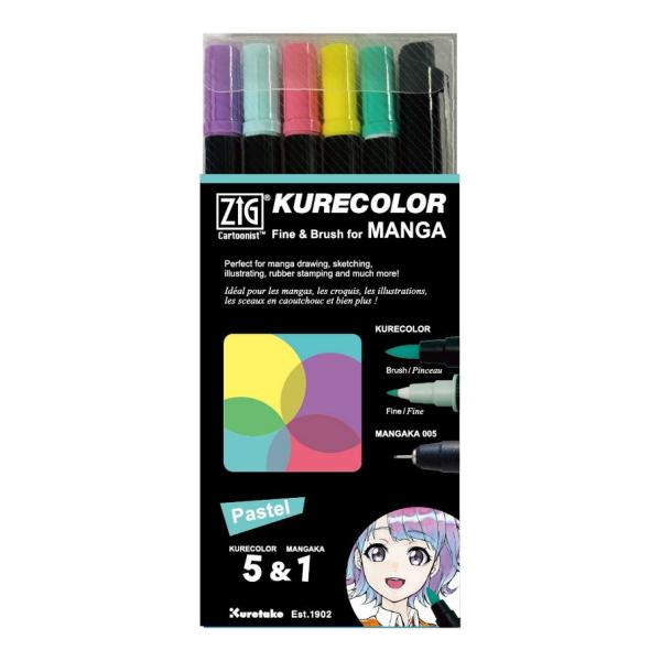 メール便発送 呉竹 ZIGクレカラー ファイン&ブラッシュ パステルセット 5色+線描きペンセット CNKC-2200N/6VPA