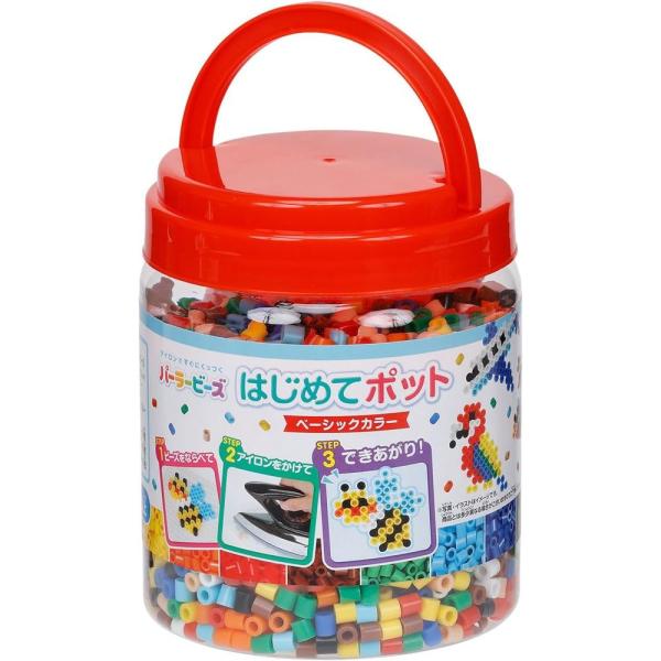 はじめてのアイロンビーズにぴったり！コンパクトな容器入りのミックスビーズ。●使いやすいベーシックカラーのビーズが10色、約2500ピース！●図案シート、プレート、アイロンペーパー入りのセットです。●持ち手つきの容器は、コンパクトサイズながら...