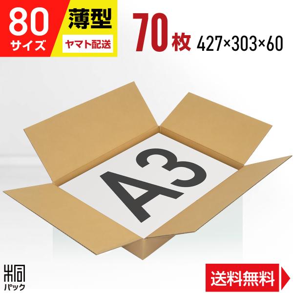 段ボール A3 薄型 段ボール箱 80サイズ 国産 70枚セット 洋服 衣類 浅型  梱包 宅配 通販 ゆうパック