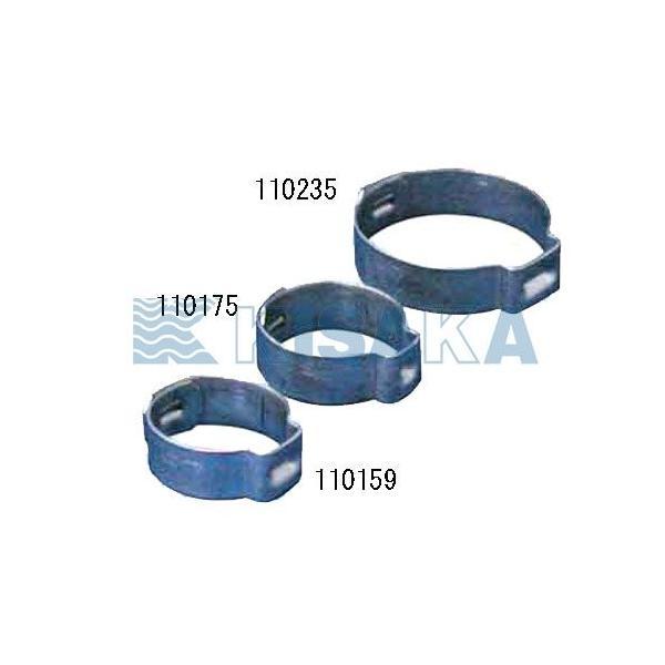 商品コード：110159主にフューエルホースなどの接続部を固定するカシメタイプのステンレス製ホースバンド(カシメクランプ) 10個入りです。※固定する(かしめる)には別途専用プライヤーが必要になります。※本イヤークランプはステップレス構造で...