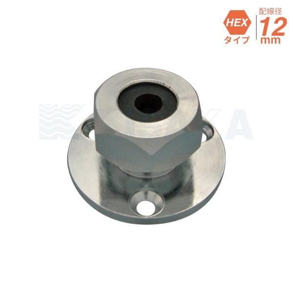 商品コード：711598配線をデッキ上に引き出す際に使用するケーブルアウトレットです。◆材質：真鍮製クロームメッキ◆対応配線径：12mm◆ナット形状：HEX(M23)◆フランジ外径：38mm◆取付ネジ穴径：4mm × 3ヶ所