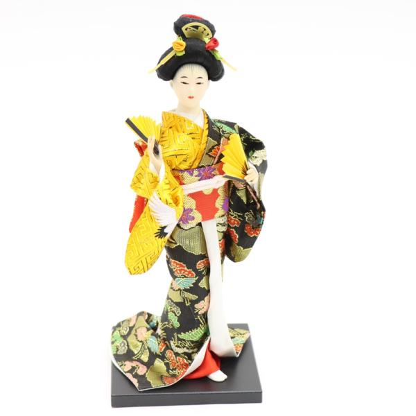 日本人形 舞妓 扇子 黒金鶴 金襴衣裳 舞踊人形 9インチ J1252
