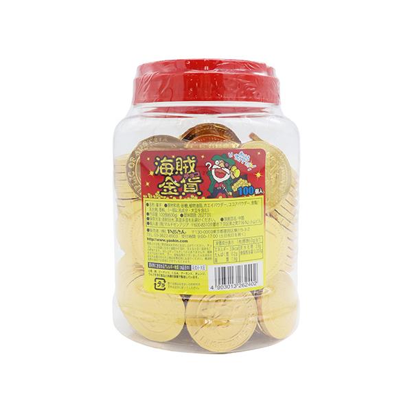 コインサイズ：約3.3cm×約3.3cm×0.4cmポットサイズ：約12cm×9.5cm×16.3cm　まるで本物の金貨！？キラキラ輝く海賊金貨デザインのチョコレートがたっぷり100個入ったポットです。金貨柄のアルミ箔に包まれたゴールドチョ...