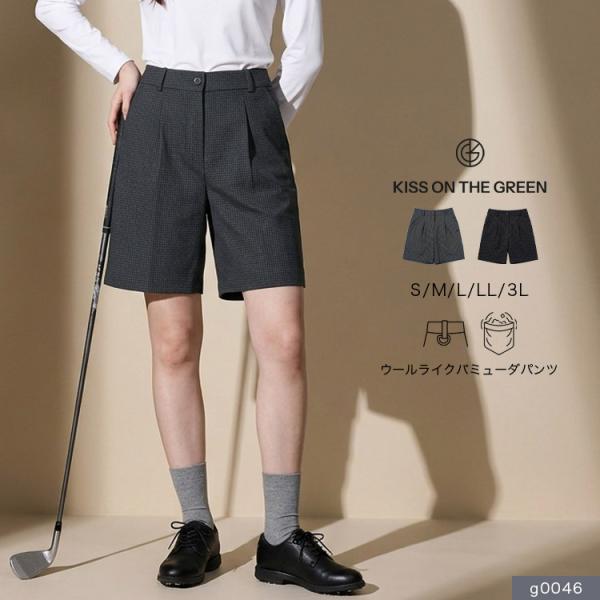 ゴルフウェア レディース パンツ ウール調 ミニマルチェック柄 バミューダパンツ ハーフパンツ キュロット 膝上丈 ウールライク 秋 冬 S M L LL 3L 大きいサイズ