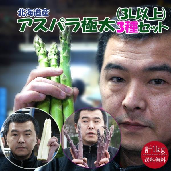 太陽の光をいっぱい浴びて育ったのが 「グリーンアスパラ」。芽が伸びる前に盛り土をして白く軟化させたのが「ホワイトアスパラ」貴重な幻の「紫アスパラ」をセットにして3L以上のサイズをお届けします！内容量：1kg（3Ｌ以上） ※（グリーンアスパラ...